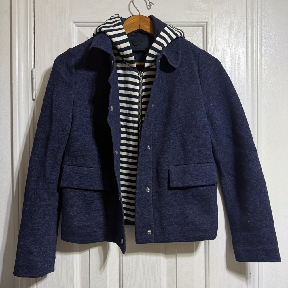 Tory Burch navy blue detachable striped hoodie jacket coat style# 11162501